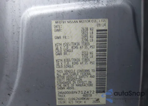 2015 Nissan Frontier Pro-4X/S/Sl/Sv из США, поврежденный, VIN 1N6AD0EV8FN712472